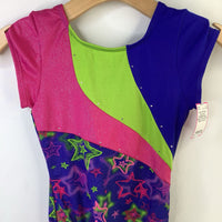 Size 8-10: More Active Girl Pink/Blue/Green Sparkly Stars Short Sleeve Leotard