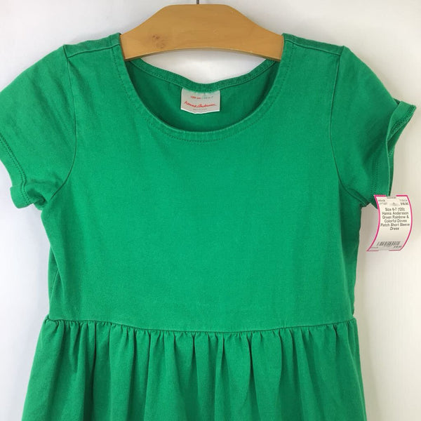 Size 6-7 (120): Hanna Andersson Green Rainbow & Colorful Doves Patch Short Sleeve Dress