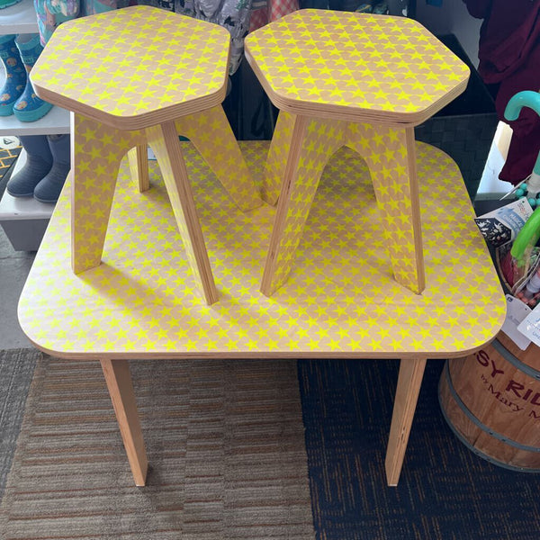 Studio Delle Alpi Wooden Yellow Stars Print Table & 2 "The Stools" Set- Made in Italy RETAILS $399