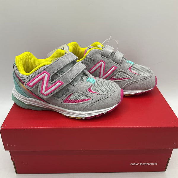 Size 6 Wide: New Balance GREY YELLOW PINK Velcro Sneakers NEW