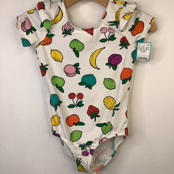 Size 8 (130): Hanna Andersson White Colorful Fruit Ruffle Short Sleeve Leotard