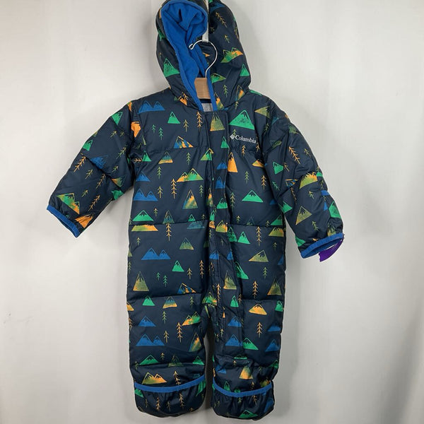Size 6-12m: Columbia 60% Down Blue Green/Yellow Mountains & Trees Fleece Lined Bunting