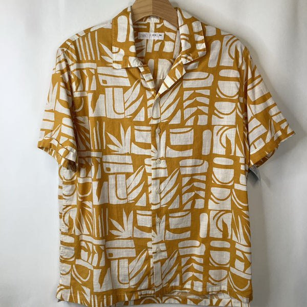 Size 13-14: Zara Yellow White Shapes Collard Button-up Short Sleeve T