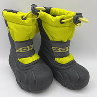 Size 6: Sorel Grey/Neon Yellow Single Strap Toggle Insualted Snow Boots