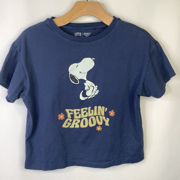 Size 11-12: Uni Qlo Blue Snoopy 'Feeling Groovy' Cropped T-Shirt