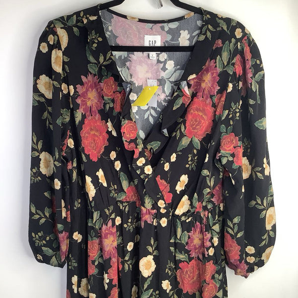 Size L: Gap Black Red/Yellow Flowers Wrap Top Long Sleeve Dress NEW w/ Tag