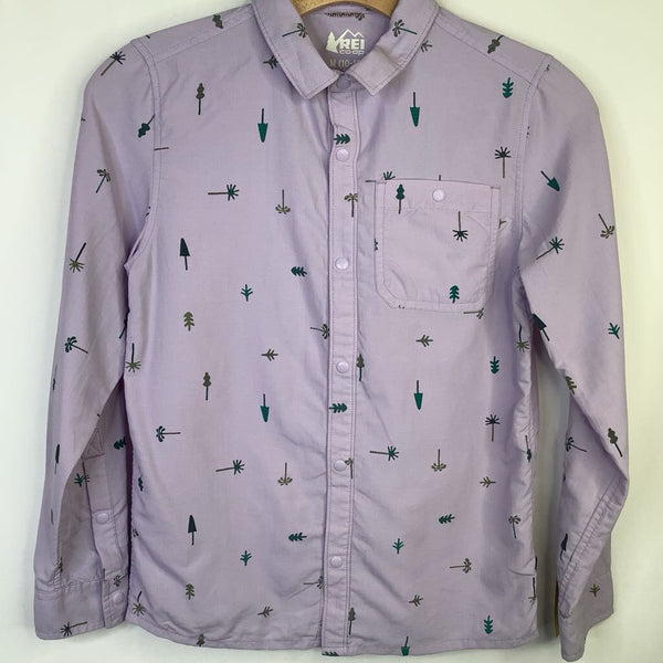 Size 10-12: REI Lavender Green Trees Collard Snap-up Long Sleeve T