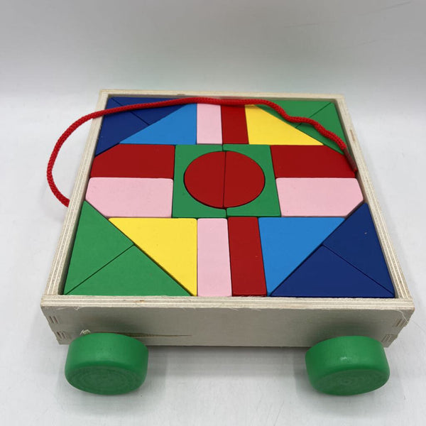 Wooden Geometric Shaped Blocks in Pull-Along Wagon