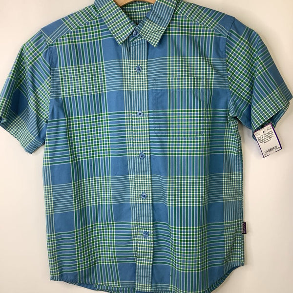 Size 10: Patagonia Blue & Green Plaid Gingham Collared Button-up Short Sleeve T