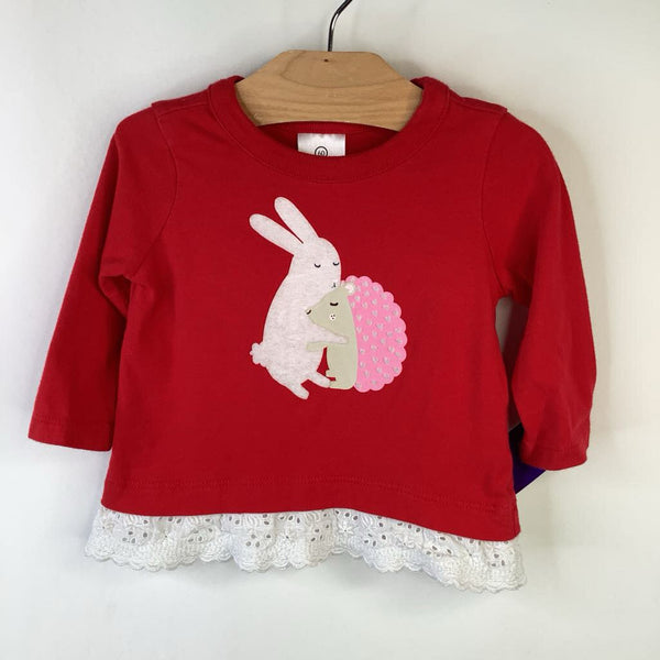 Size 3-6m (60): Hanna Anderson Red/Hugging Bear & Hedgehog Long Sleeve Shirt