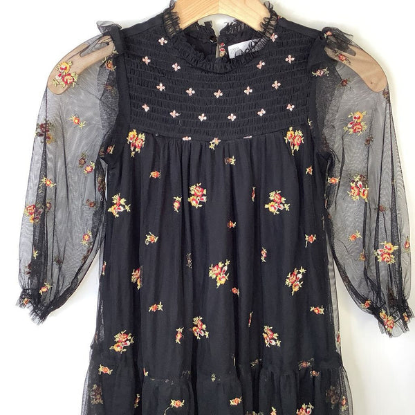 Size 7: Zara Black Floral Print Mesh Lined Long Sleeve Dress