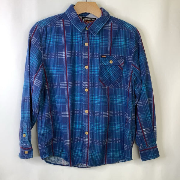 Size 14: Volcom Blue/Red/White Plaid Collard Button-up Long Sleeve Flannel