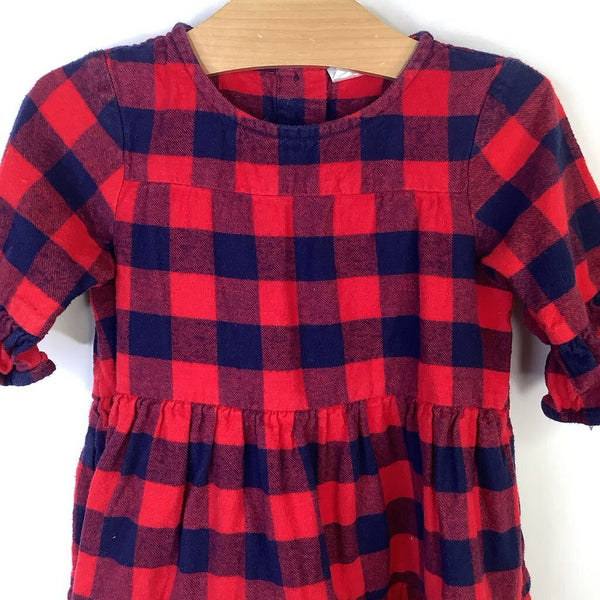 Size 3 (90): Hanna Andersson Red/Blue Gingham Flannel Short Sleeve Dress