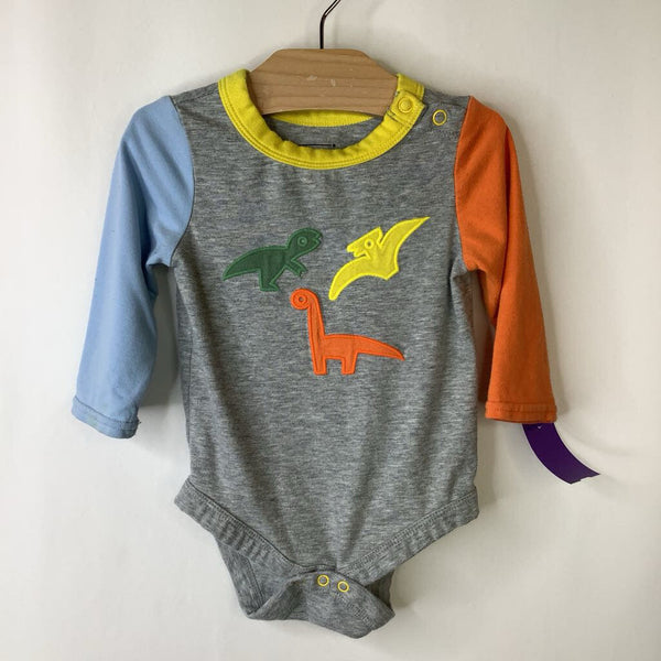 Size 6-9m: Christian Robinson Grey/Yellow/Blue/Orange Dinosaurs Long Sleeve Onesie