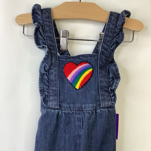 Size 2 (85): Hanna Andersson Blue Demin Rainbow Heart Patch Ruffle Overalls