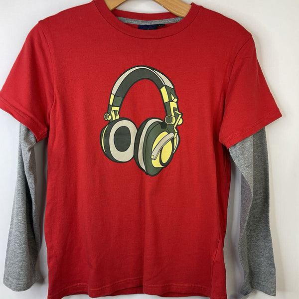 Size 9-10: Mini Boden Red/Grey Headphones Long Sleeve Shirt