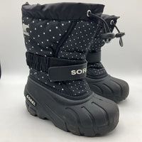 Size 10: Sorel Black/White Polka Dots Toggle/Velcro Strap Snow Boots