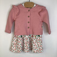 Size 3-6m: Rabbit + Bear White/Pink Flowers & Fruits Button-Up Cardigan/Long Sleeve Dress 2pc Set-NEW W/Tag