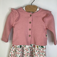 Size 3-6m: Rabbit + Bear White/Pink Flowers & Fruits Button-Up Cardigan/Long Sleeve Dress 2pc Set-NEW W/Tag