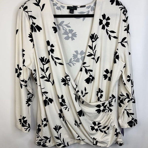 Size XL: Ann Taylor White Black Flowers Wrap Long Sleeve T