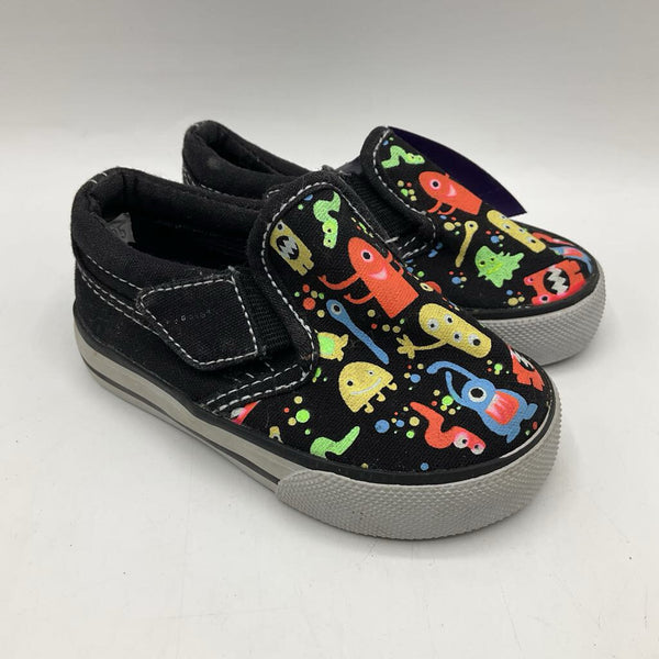 Size 4: Teeny Toes Black Colorful Monsters Velcro Sneakers