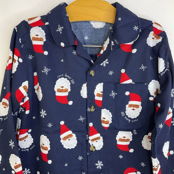 Size 5-6: Old Navy Dark Blue/Santa Print Button-Up Long Sleeve 2pc PJS