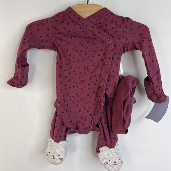 Size Preemie: Carters Purple Leopard Spots Wrap Long Sleeve Onesie & Footed Pants w/ Baby Hat 3pc Set