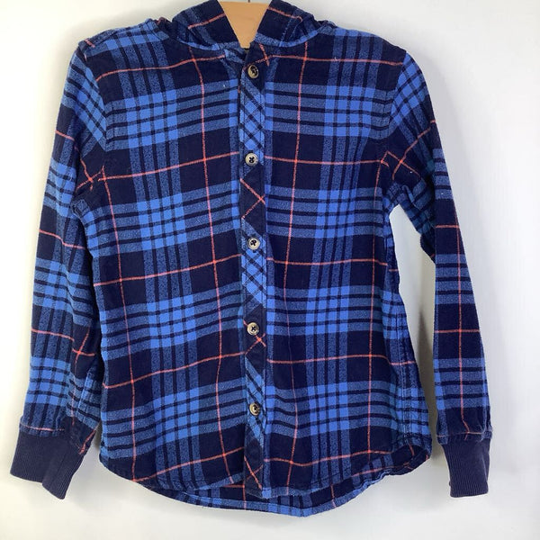 Size 5 (110): Hanna Andersson Blue Plaid Button-Up Long Sleeve Shirt W/Hood