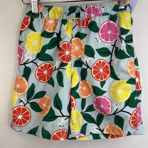 Size 8 (130): Hanna Andersson Light Blue/Citrus Fruits Print Swim Trunks