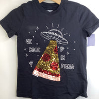 Size 8: Lands End Black/ Pizza Sequin Spaceship Print T-Shirt