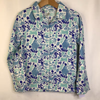 Size 16: Garnet Hill Kids White/Blue Leaves & Animals Button-Up Collared Long Sleeve Flannel Shirt