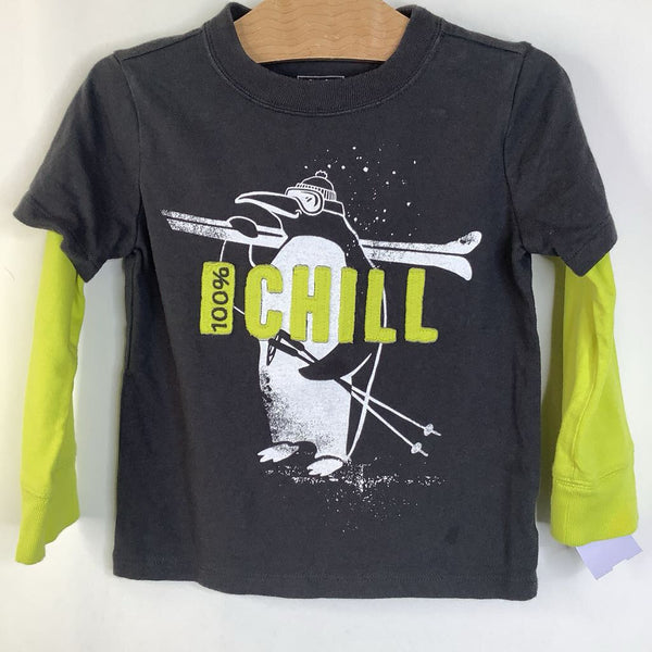 Size 3: Gap Grey White Yellow "Chill" Penguin Long Sleeve Shirt