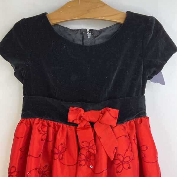 Size 5-6: Black Velvet Red Floral Sequined Short Sleeve Fancy Dress