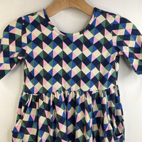 Size 8 (130): Hanna Andersson Blue/Pink/Green Geometric Short Sleeve Dress w/ Pockets