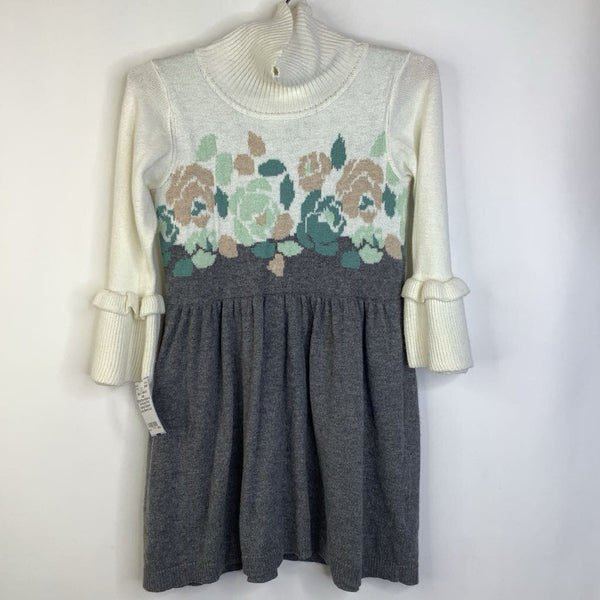 Size 3: Janie & Jack White/Grey/Green & Tan Roses Print Knitted Collared Long Sleeve Cozy Dress