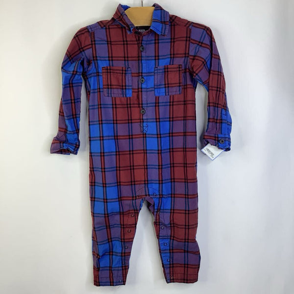 Size 18-24m: Tea Red/Blue Checkered Long Sleeve Button-Up Romper