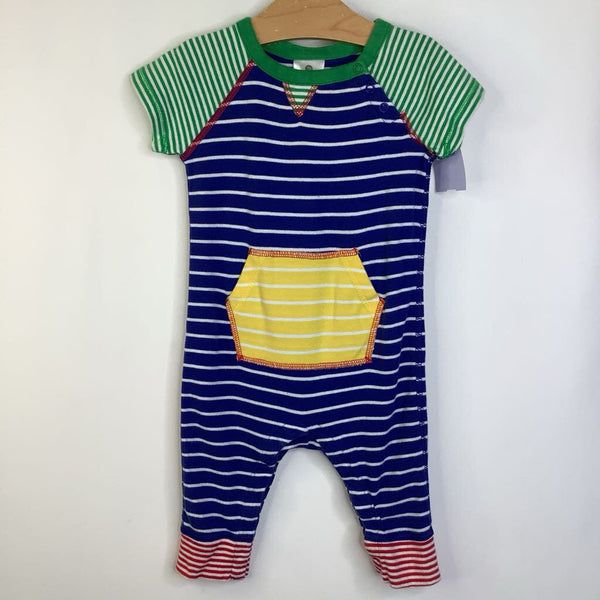 Size 6-12m (70): Hanna Andersson White/Blue/Green/Yellow Striped Short Sleeve Romper