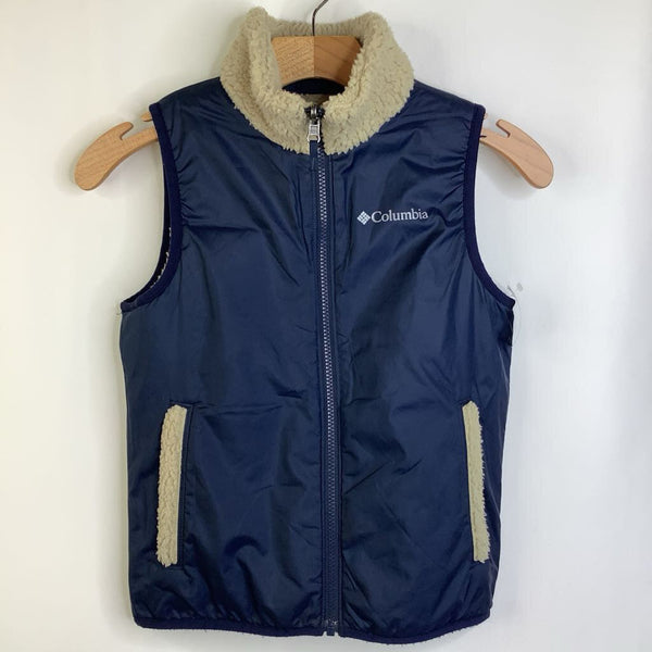 Size 8: Columbia Blue Puffer/Tan Fuzzy Zip-Up Reversible Vest