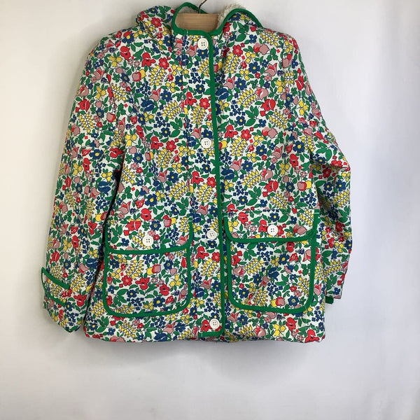 Size 6-7: Mini Boden White/Colorful Floral Pattern Fuzzy Lined Zip-Up Coat