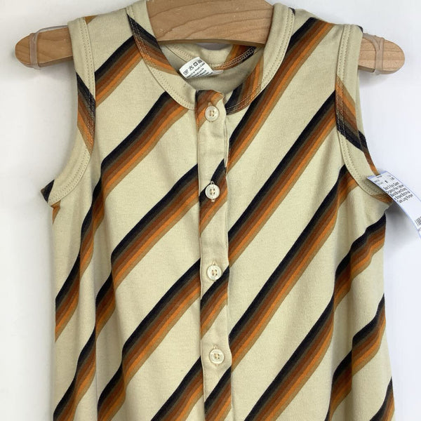 Size 3: Kate Quinn Organics Pale Yellow Black/Brown/Orange Striped Button-up Tank Long Romper