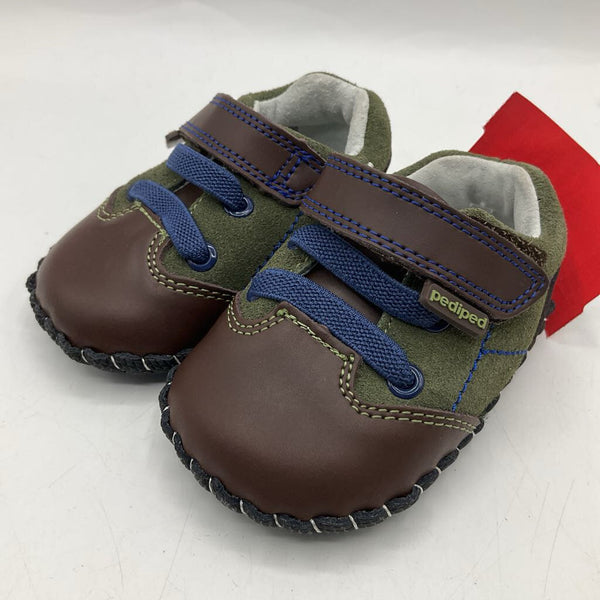 Size XS (0-6m): Pediped Gordon OLIVE GREEN/BROWN Soft-Sole Baby Shoes NEW in BOX