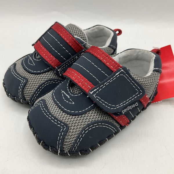 Size S (6-12m): Pediped Adrian NAVY/GREY/RED Soft-Sole Baby Shoes NEW in BOX