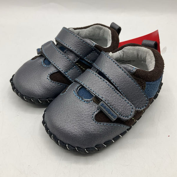 Size S (6-12m): Pediped Grayson CHARCOAL BROWN BLUE Soft-Sole Baby Shoes NEW in BOX