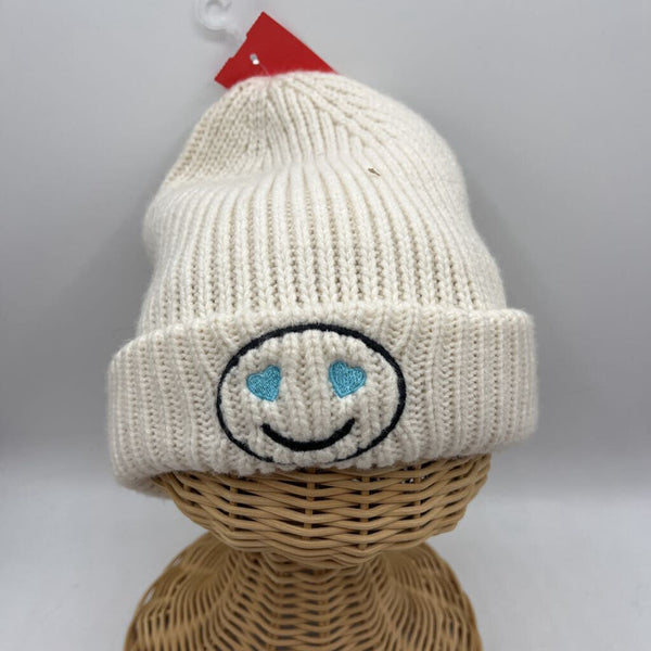 Size OS: Nordstrom White Black/Blue Heart Eyes Smiley Face Knitted Winter Hat