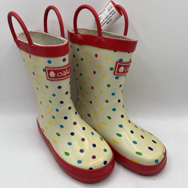 Size 9: OAKI White Rainbow Dots Rain Boots