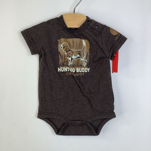 Size 6m: Carhartt Brown Grey Beagle 'Hunting Buddy' Short Sleeve Onesie