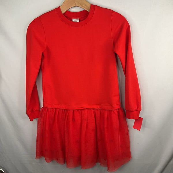 Size 8 (130): Hanna Andersson Red Hearts Tulle Skirt Long Sleeve Sweatshirt Dress