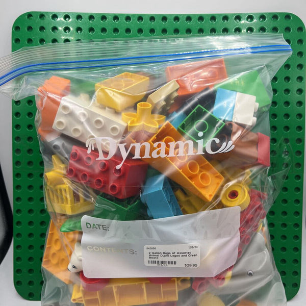 2 Gallon Bags of Assorted Animal Duplo Legos and Green Board