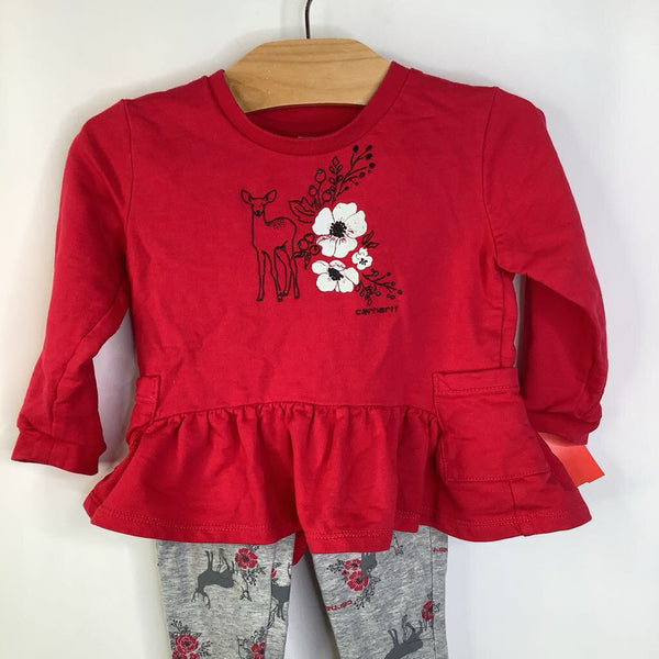 Size 18m: Carhartt Red/Grey Flower Deer Long Sleeve 2pc Set