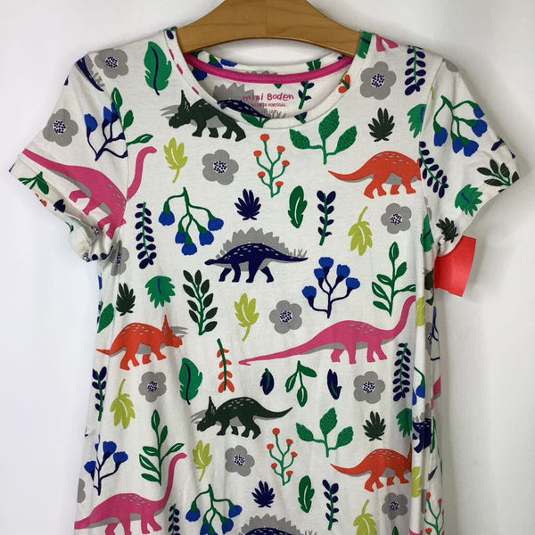 Size 11-12: Mini Boden White Colorful Flowers & Dinosaurs Short Sleeve Dress